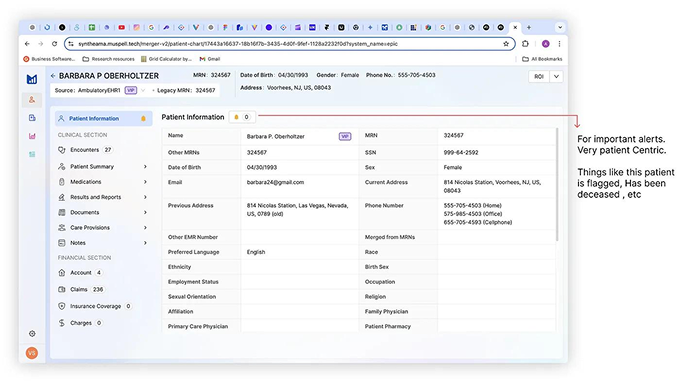 Muspell patient record with a persistent identity and source-system header